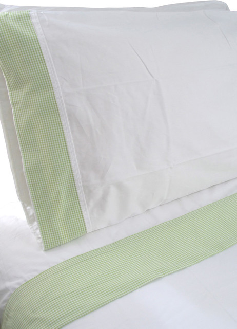 100% Egyptian Cotton Sheet Set - White w/ Green Trim, Queen