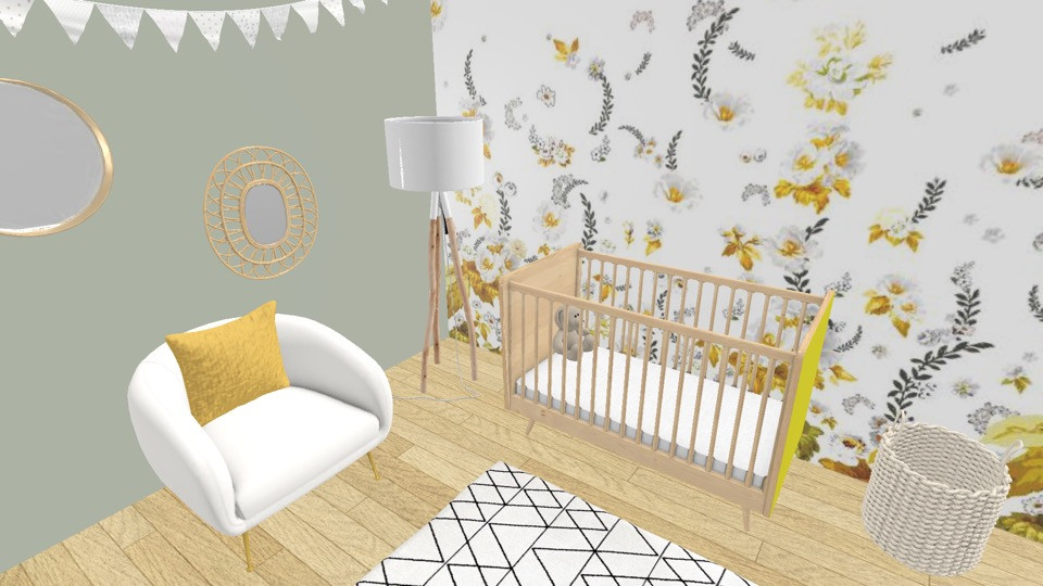 リールにある低価格の小さな北欧スタイルのおしゃれな赤ちゃん部屋 (緑の壁、淡色無垢フローリング、男女兼用、壁紙) の写真