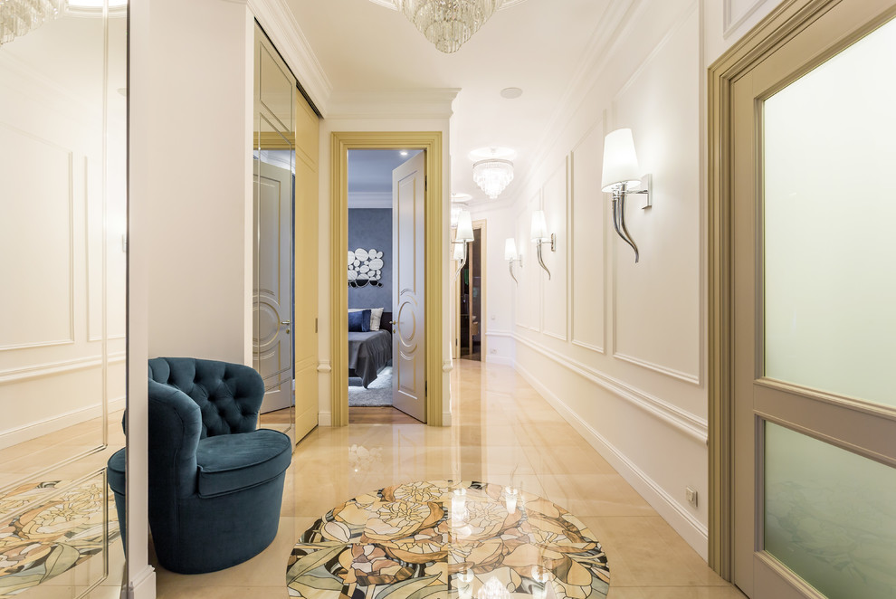 Design ideas for a large transitional hallway in Saint Petersburg with white walls, porcelain floors and beige floor.