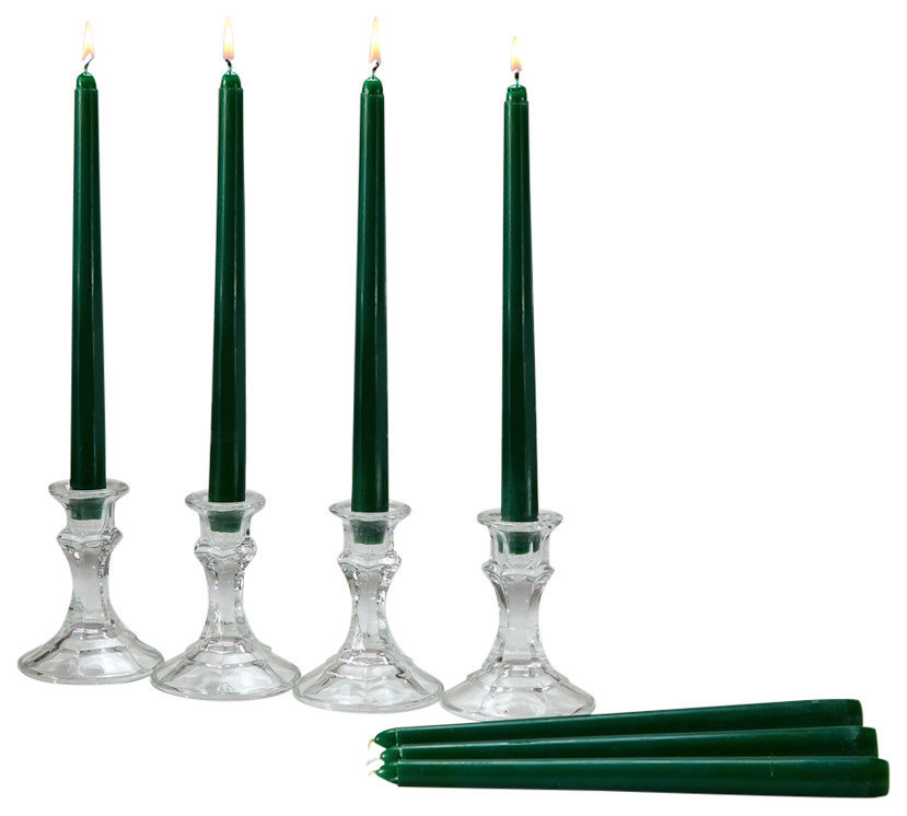 Holiday Green Taper Candles, 12" Tall, 3/4" Thick, Set of 14, Burn 10
