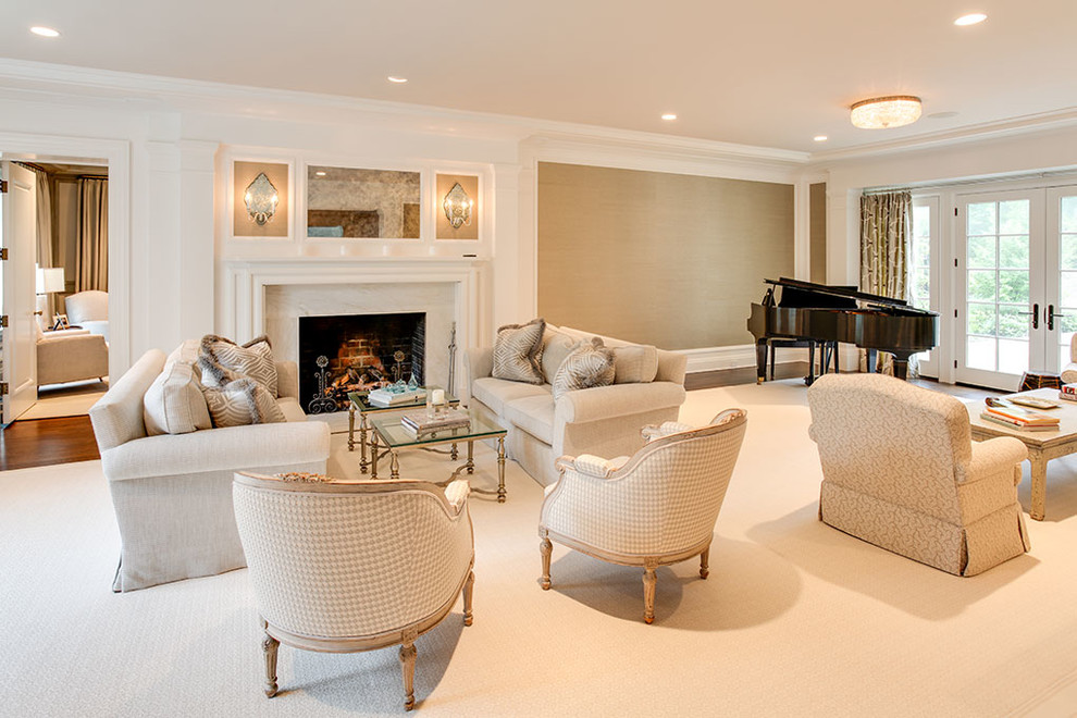 This is an example of a large traditional formal open concept living room in Other with white walls, carpet, a standard fireplace, no tv, a tile fireplace surround and white floor.