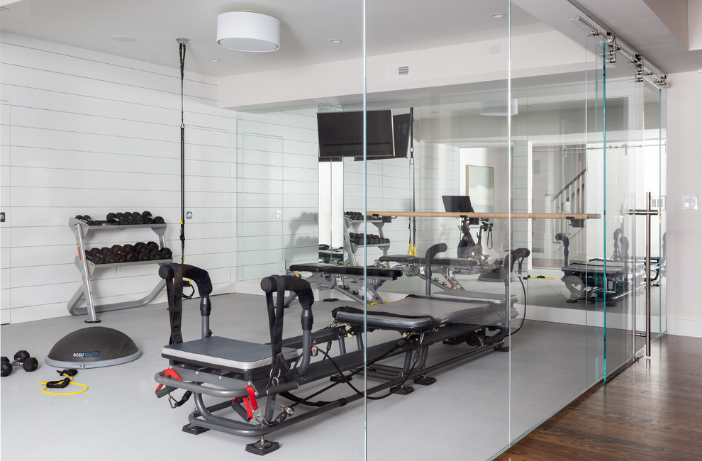 Design ideas for a transitional home gym in New York.