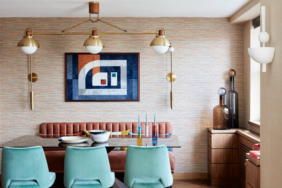 Design ideas for a mid-sized midcentury open plan dining in London with multi-coloured walls.