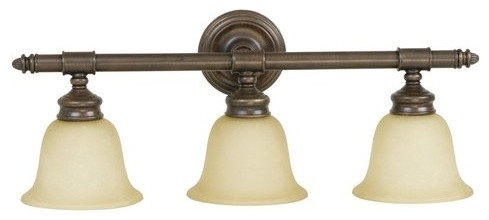 Fresno Aged Bronze Three-Light Bath Fixture with Tea-Stained Glass