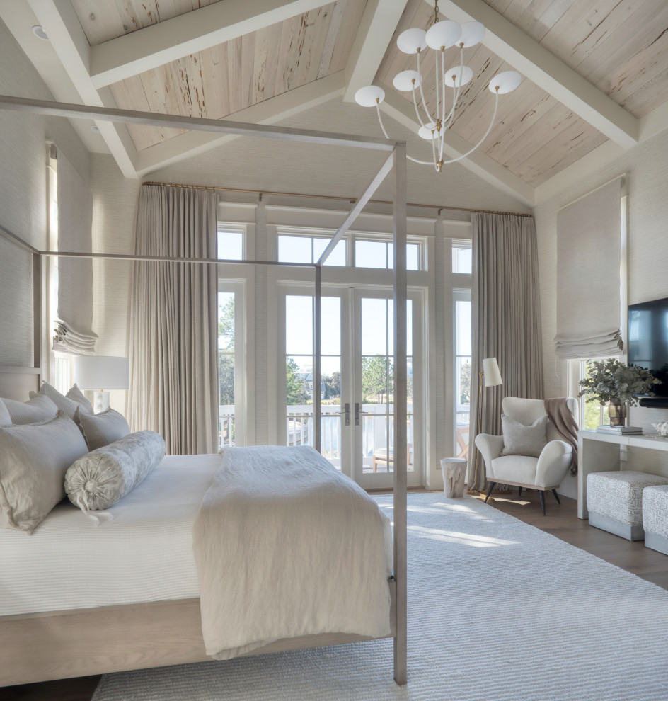 Bedroom - coastal medium tone wood floor, brown floor, exposed beam, vaulted ceiling, wood ceiling and wallpaper bedroom idea in Miami with gray walls
