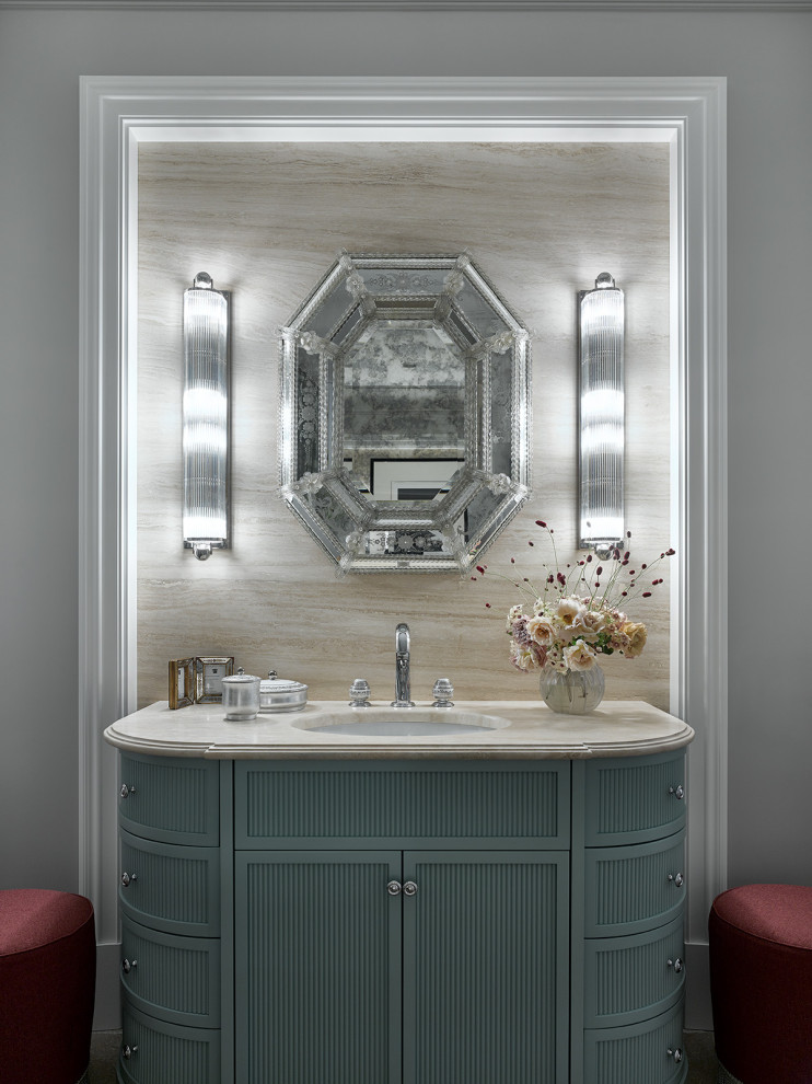 Inspiration for a large contemporary master bathroom in Moscow with recessed-panel cabinets, turquoise cabinets, a freestanding tub, an alcove shower, grey walls, slate floors, a wall-mount sink, marble benchtops, beige floor and beige benchtops.