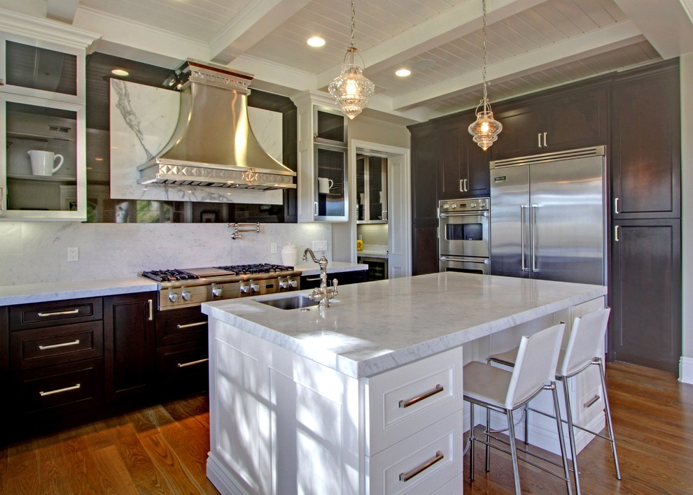 Transitional kitchen in San Francisco with shaker cabinets and stainless steel appliances.