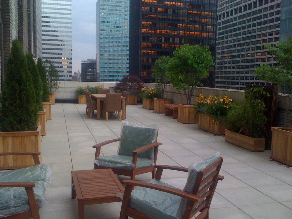 Large contemporary patio in New York with a container garden and no cover.