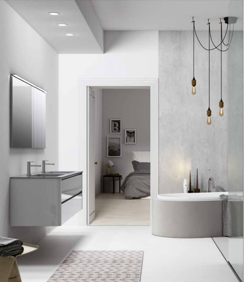 Inspiration for a large modern master bathroom in Miami with flat-panel cabinets, grey cabinets, a freestanding tub, a curbless shower, grey walls, an integrated sink, white floor and grey benchtops.