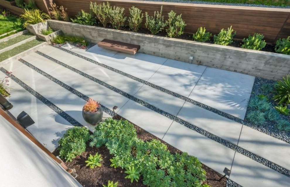 This is an example of a mid-sized contemporary backyard patio in Boston with a container garden, concrete slab and no cover.