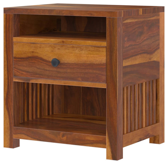 Kodiak Rustic Solid Wood Nightstand With Drawer And Open Shelves