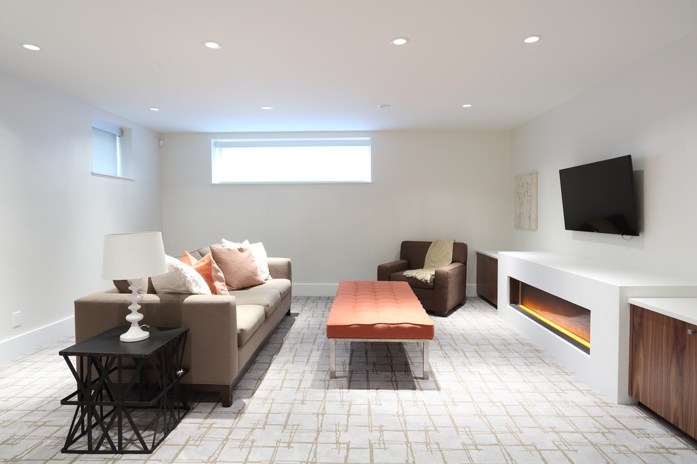 Inspiration for a large contemporary look-out basement in Vancouver with white walls, carpet and a ribbon fireplace.