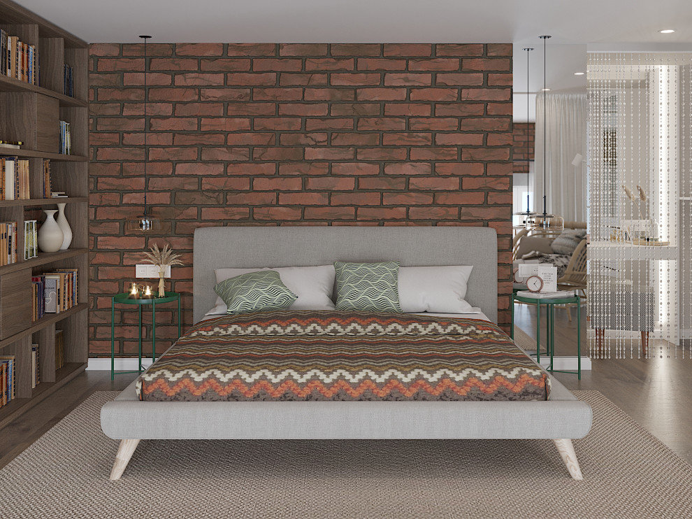 Пример оригинального дизайна: хозяйская спальня среднего размера в стиле ретро с бежевыми стенами, полом из винила, коричневым полом, кирпичными стенами и зонированием шторами