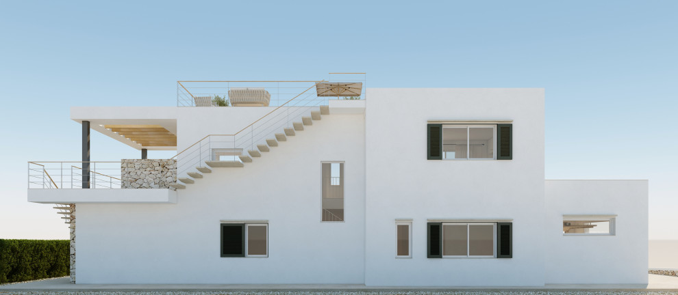 Свежая идея для дизайна: большой, двухэтажный, белый частный загородный дом в стиле модернизм с облицовкой из ЦСП, плоской крышей, крышей из смешанных материалов и серой крышей - отличное фото интерьера