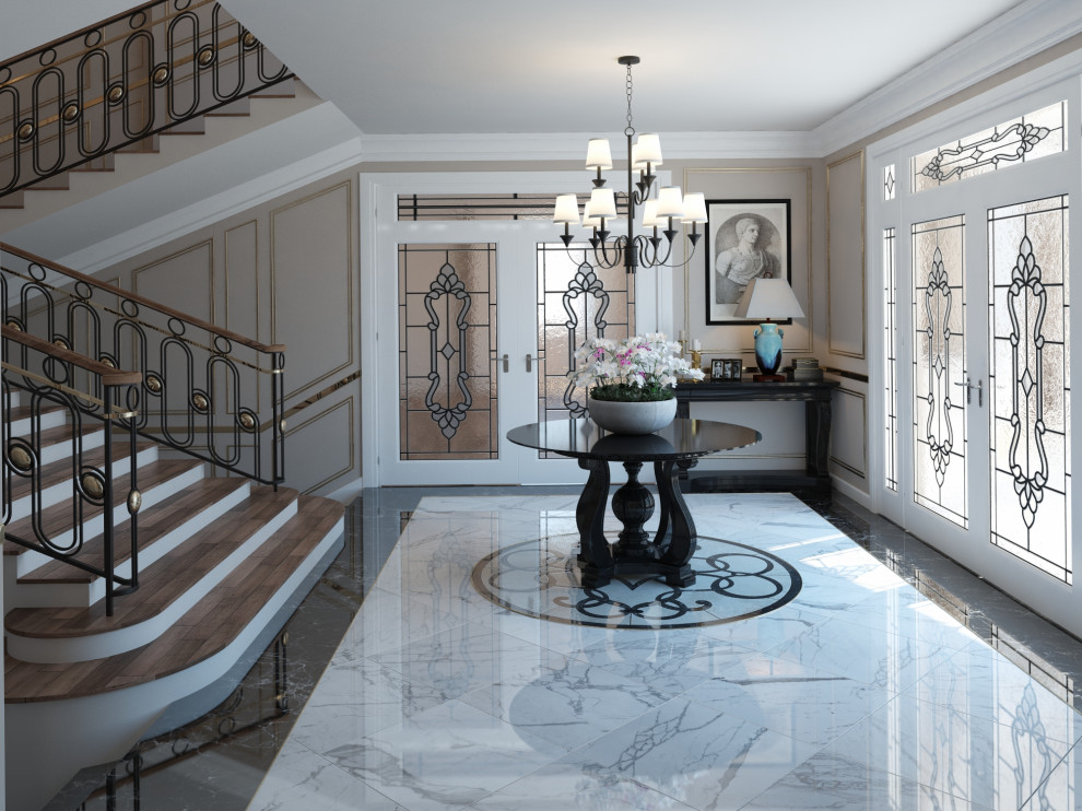 This is an example of a mid-sized traditional hallway in Phoenix with ceramic floors and beige walls.