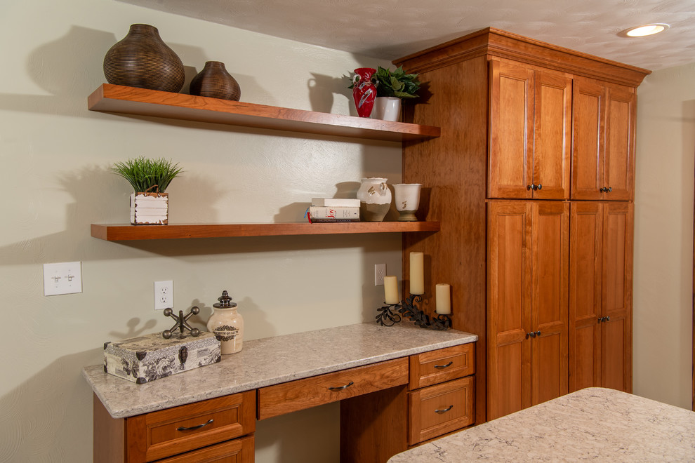 Huge transitional l-shaped porcelain tile and white floor eat-in kitchen photo with an undermount sink, flat-panel cabinets, medium tone wood cabinets, quartz countertops, white backsplash, ceramic backsplash, stainless steel appliances, two islands and white countertops