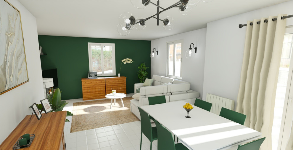 Photo of a large traditional open concept family room in Other with green walls, a wood stove and white floor.