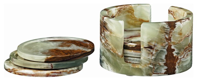 Dionysus Collection Black and Gold Marble 6 Piece Coaster Set w/Caddie, Green an