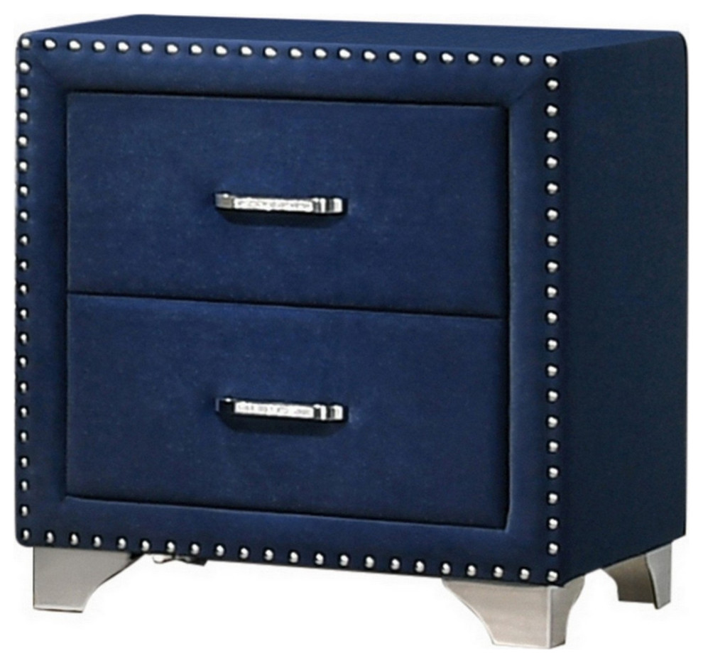 Cale 26" Modern Wood Nightstand, Velvet Upholstered, Nailhead, Blue