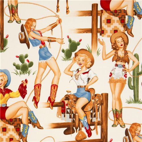 ecru Cowboy Pin up women fabric by Alexander Henry