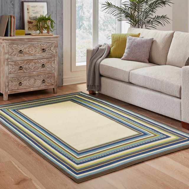 Coronado Indoor and Outdoor Border Ivory and Blue Rug, 7'10