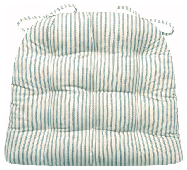 Berlin Ticking Aqua Dining Chair Pad Reversible, Latex Foam Fill