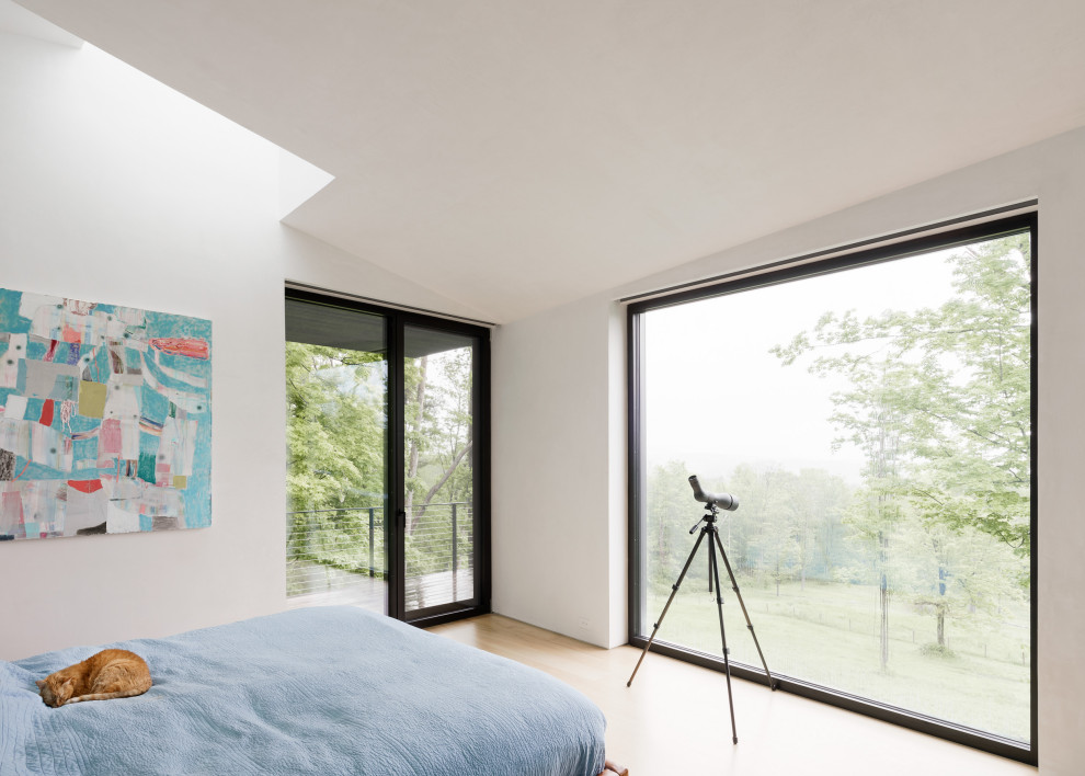 Источник вдохновения для домашнего уюта: спальня среднего размера на антресоли в современном стиле с бежевыми стенами, паркетным полом среднего тона, сводчатым потолком и панелями на стенах