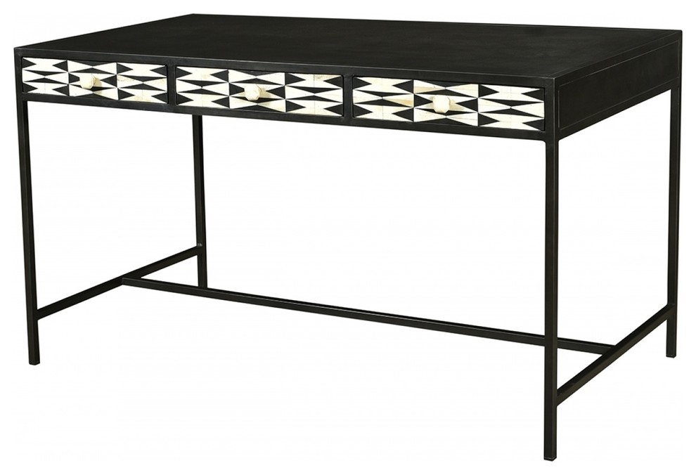 51 Long Saverio Desk 2 Drawers Black White Bone Inlay Steel Frame