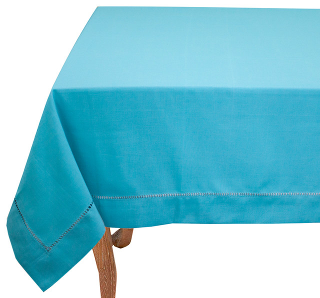 Stylish Solid Color with Hemstitched Border Tablecloth, Turquoise, 65"x104"