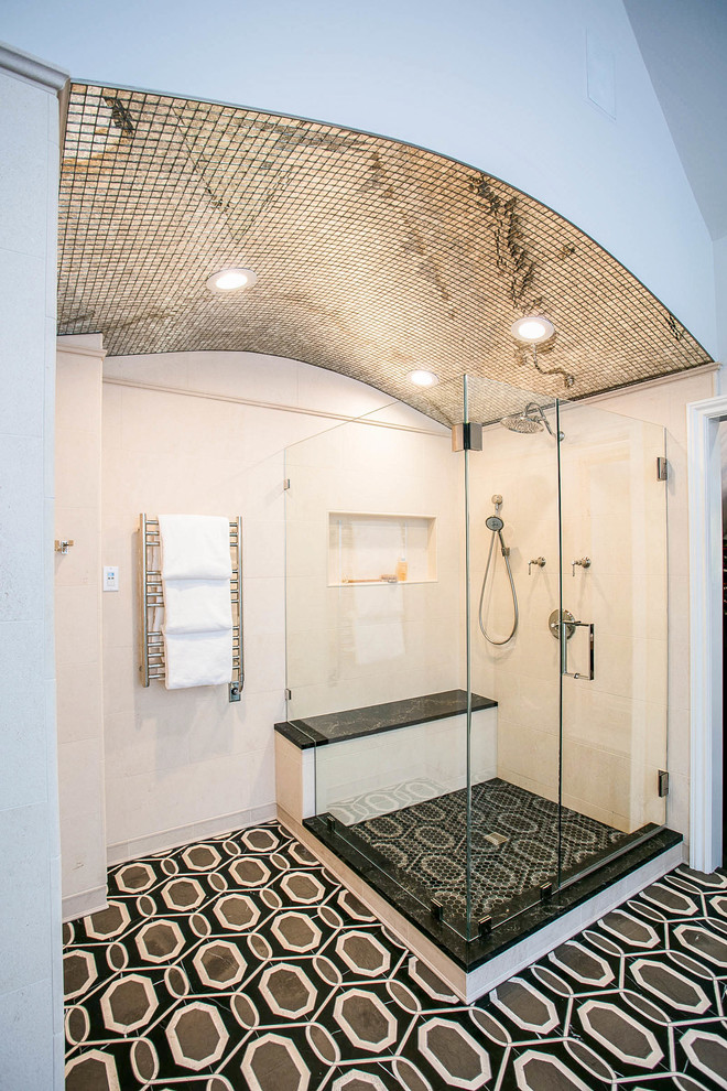 Corner shower - large transitional master ceramic tile and multicolored floor corner shower idea with white walls and a hinged shower door