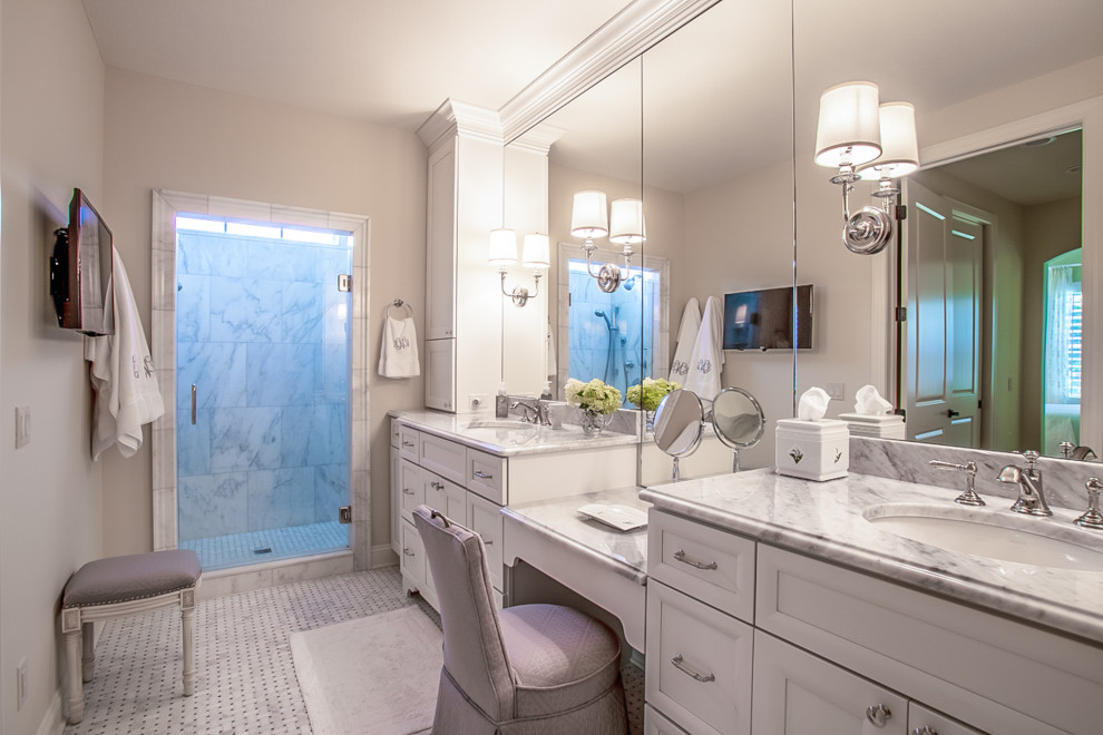 This is an example of a large traditional master bathroom in Cleveland with open cabinets, white cabinets, an open shower, ceramic floors, grey floor, a hinged shower door, grey benchtops, a double vanity and a built-in vanity.