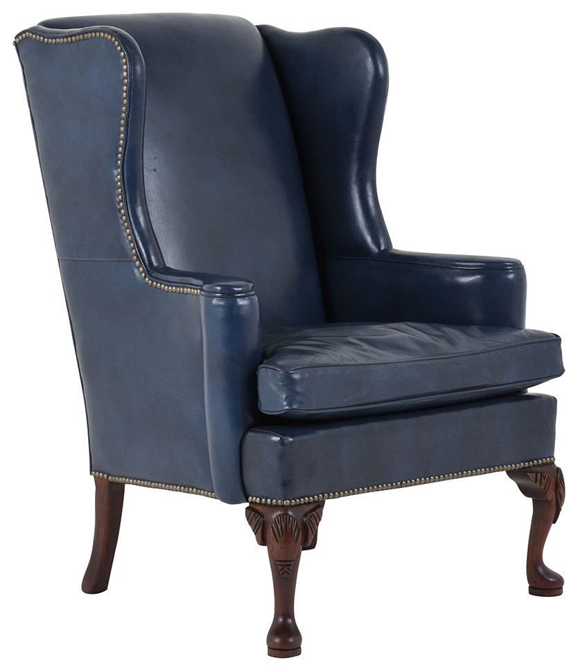 Consigned Vintage Regency Style Wing Back Leather Chair