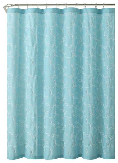 Caleb Embroidered Leaves Fabric Bathroom Shower Curtain, Aqua