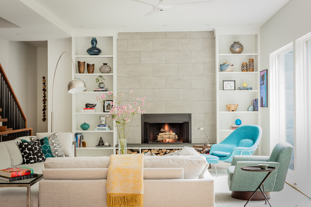 Design ideas for a large beach style formal open concept living room in Boston with white walls, a standard fireplace, a tile fireplace surround and no tv.