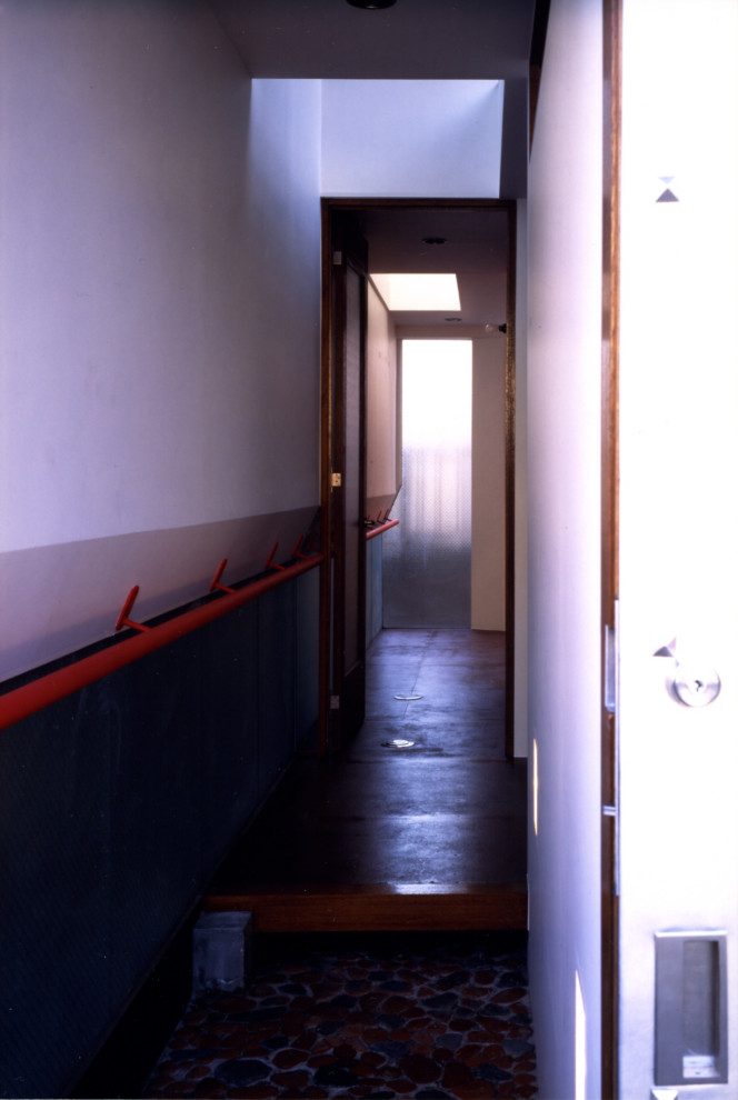 Foto på en liten funkis ingång och ytterdörr, med vita väggar, en skjutdörr, en grå dörr och flerfärgat golv