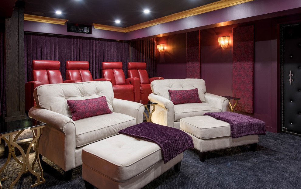 Inspiration for a large contemporary enclosed home theatre in Toronto with purple walls, carpet and a projector screen.
