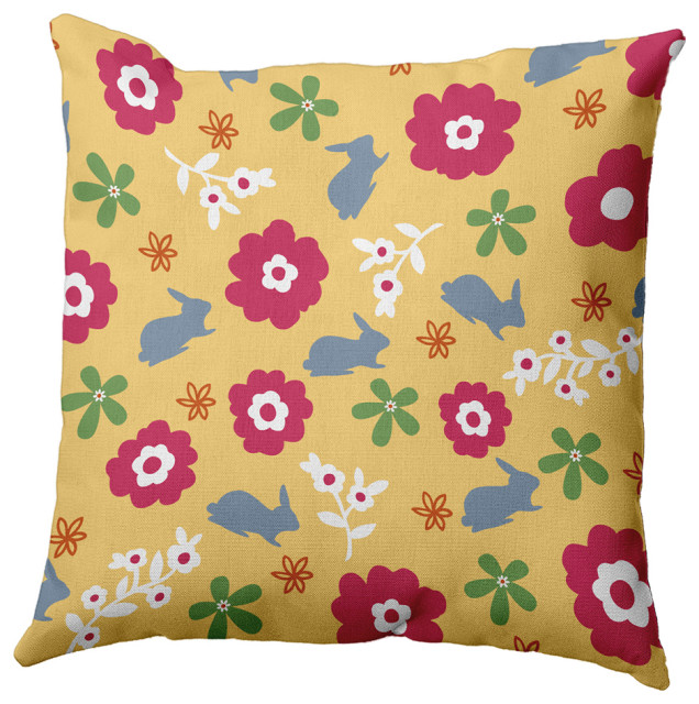 Flowery Love With Bunnies Polyester Indoor Pillow, Yellow/Blue, 26"x26"