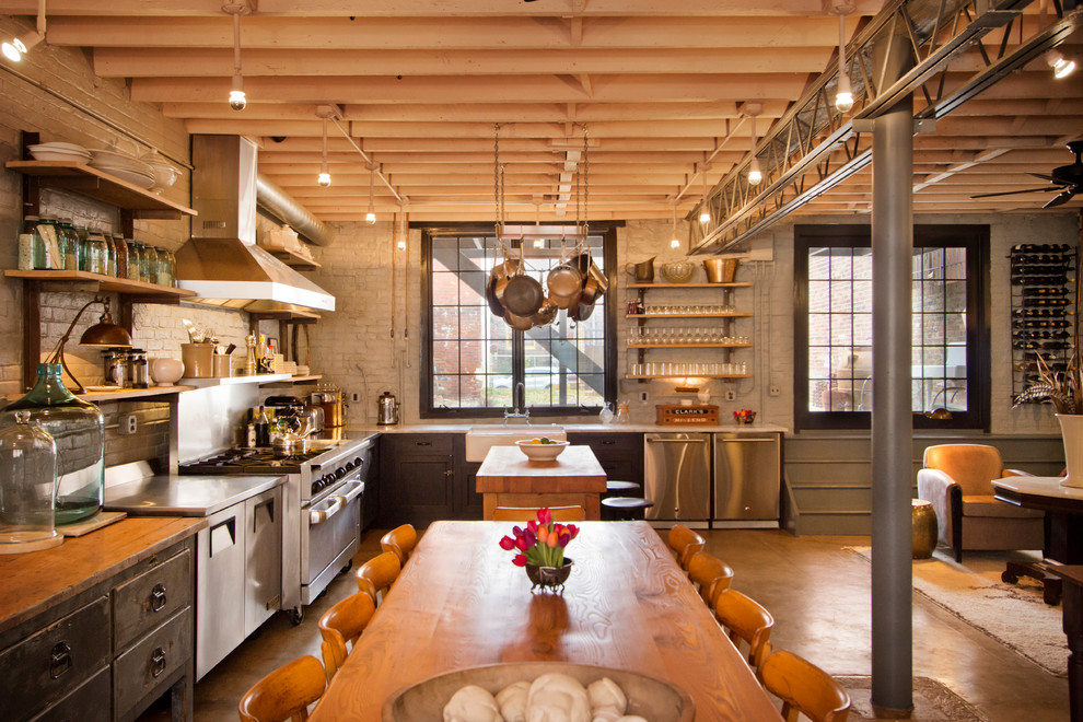 Inspiration for an industrial kitchen in DC Metro with a farmhouse sink and stainless steel appliances.