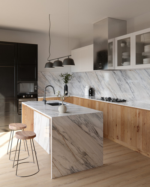 Contemporary Sophistication: White Kitchen Island Inspirations with Marble Waterfall Island and Wood Cabinets