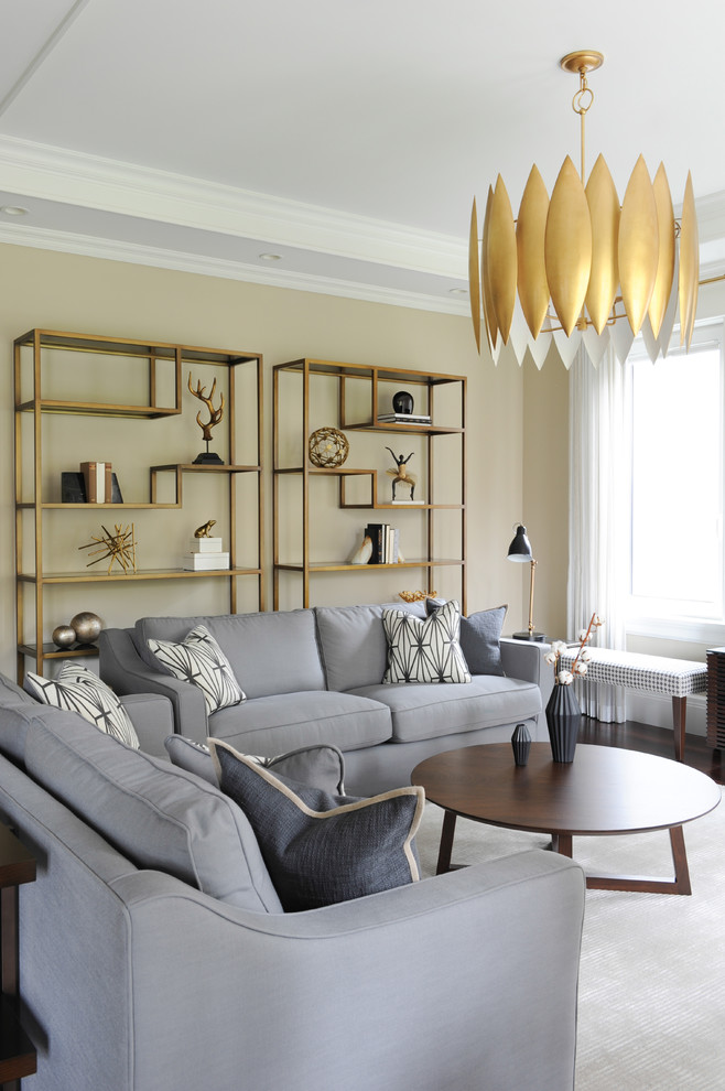 Inspiration for a large transitional living room in Vancouver with beige walls and dark hardwood floors.