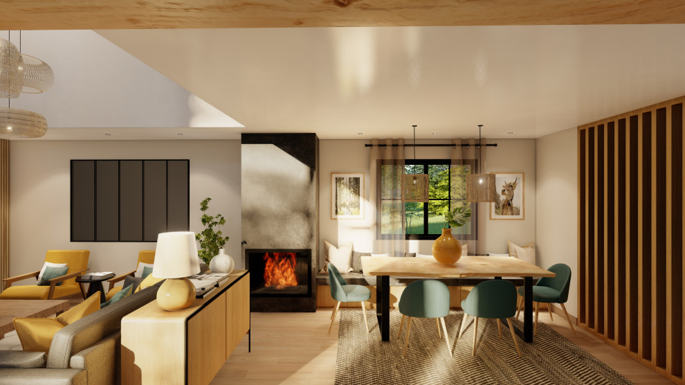 Idée de décoration pour une salle à manger ouverte sur le salon chalet de taille moyenne avec un mur blanc, parquet clair, une cheminée double-face, un manteau de cheminée en lambris de bois et un sol marron.