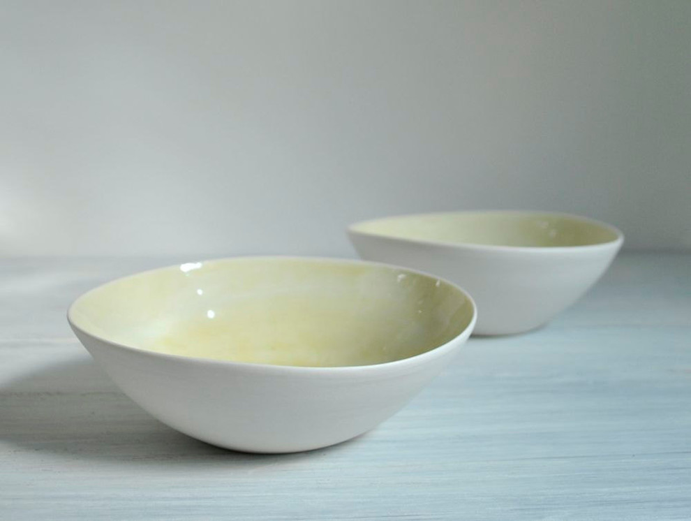 Porcelain Pottery Bowls in Golden Yellow and White by Suite One Studio