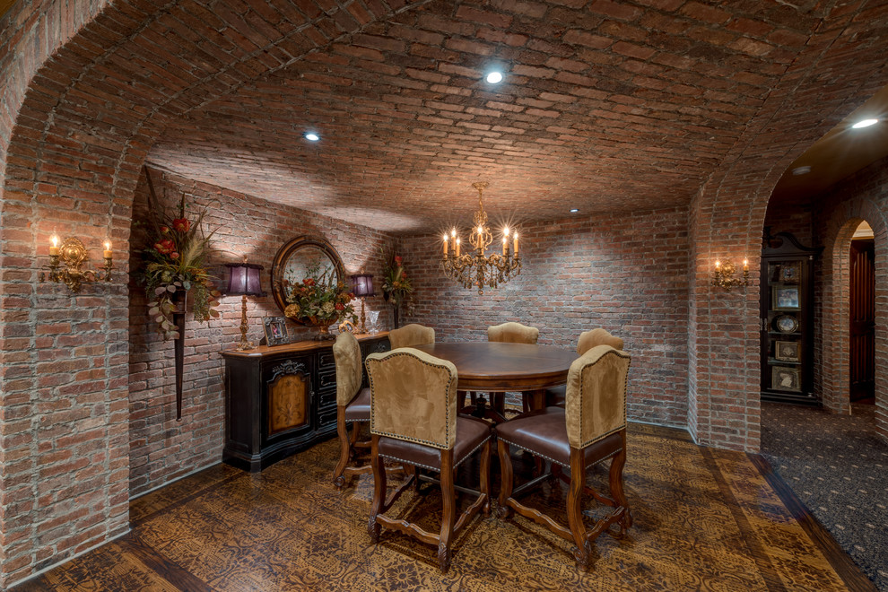 Example of a huge mountain style underground basement design with multicolored walls