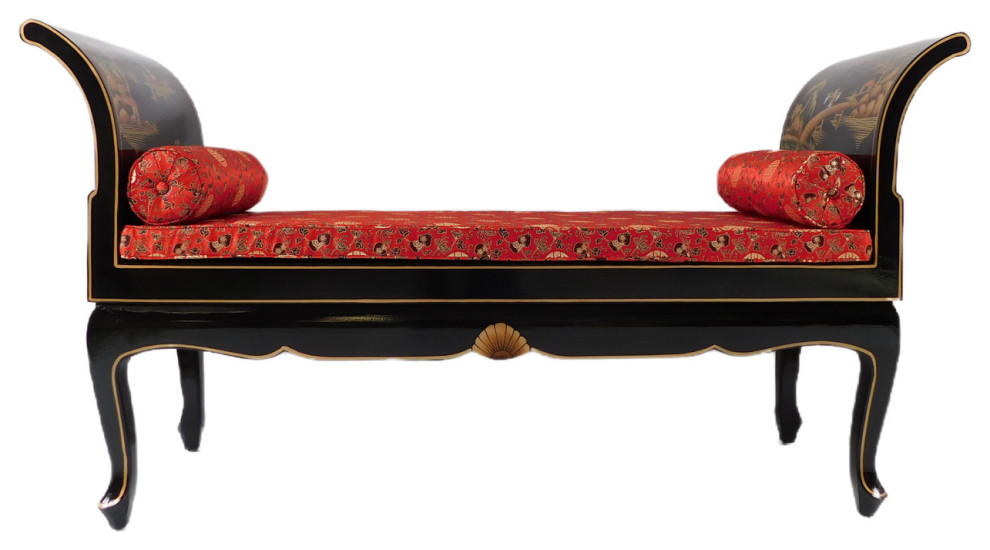Hand Painted Oriental Bench, Japanese Black Lacquer With French Legs