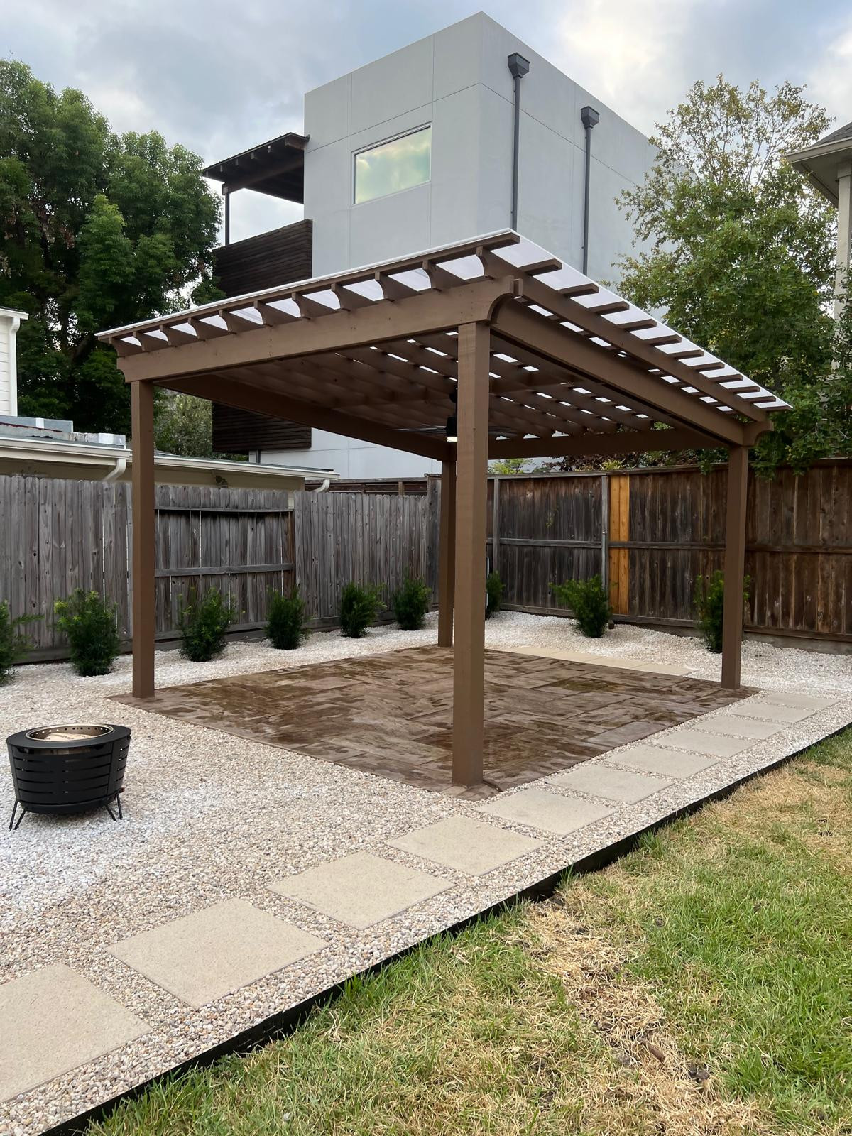 Beautiful stamped concrete patio with Pergola Cover on Haddon st!