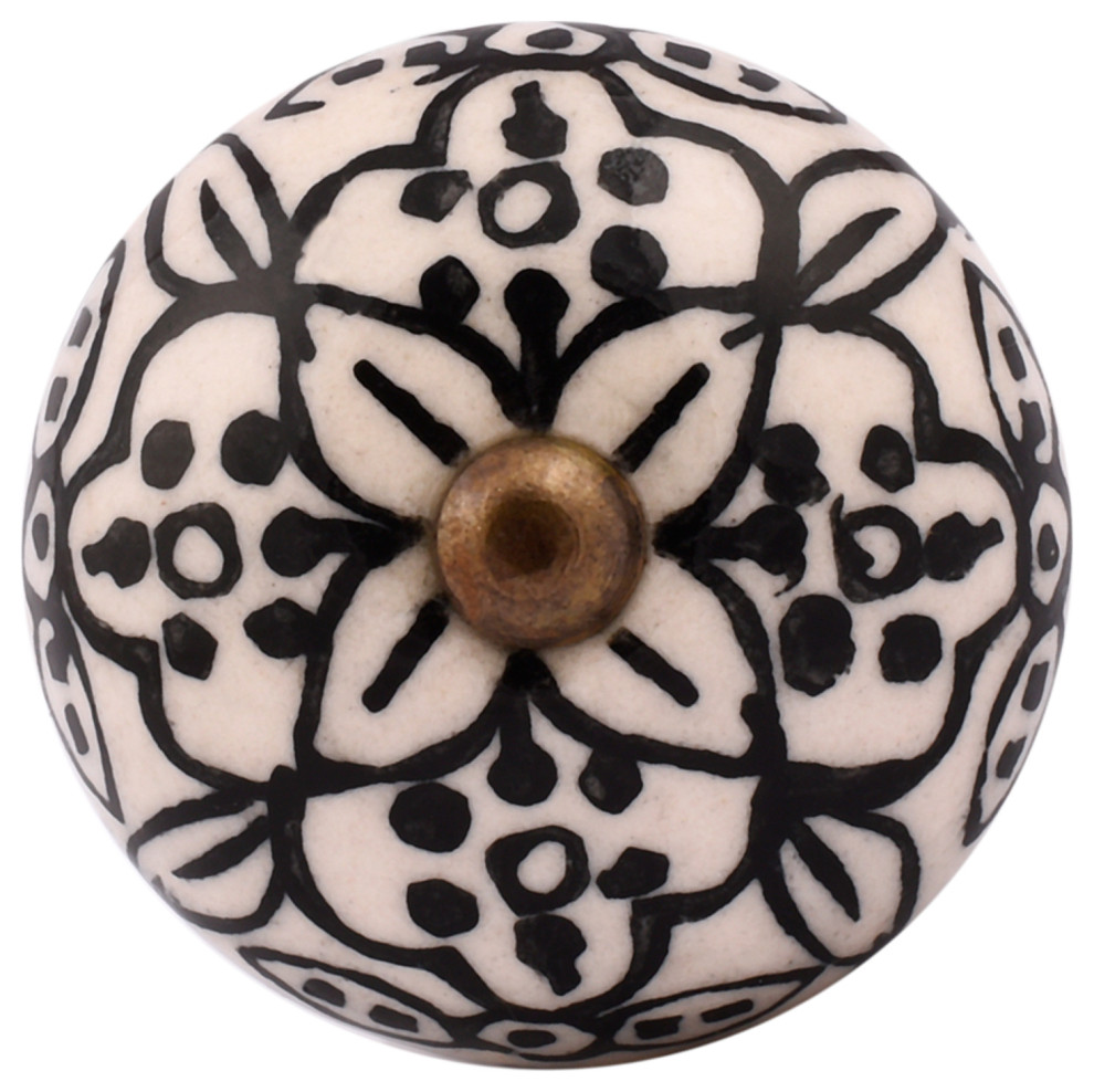 Set of Four Black & White Ceramic Knobs Traditional And