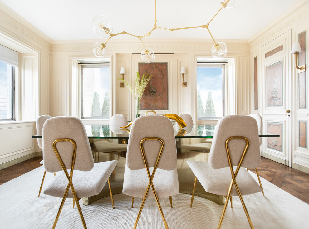 Dining room - contemporary dark wood floor dining room idea in New York with beige walls and no fireplace