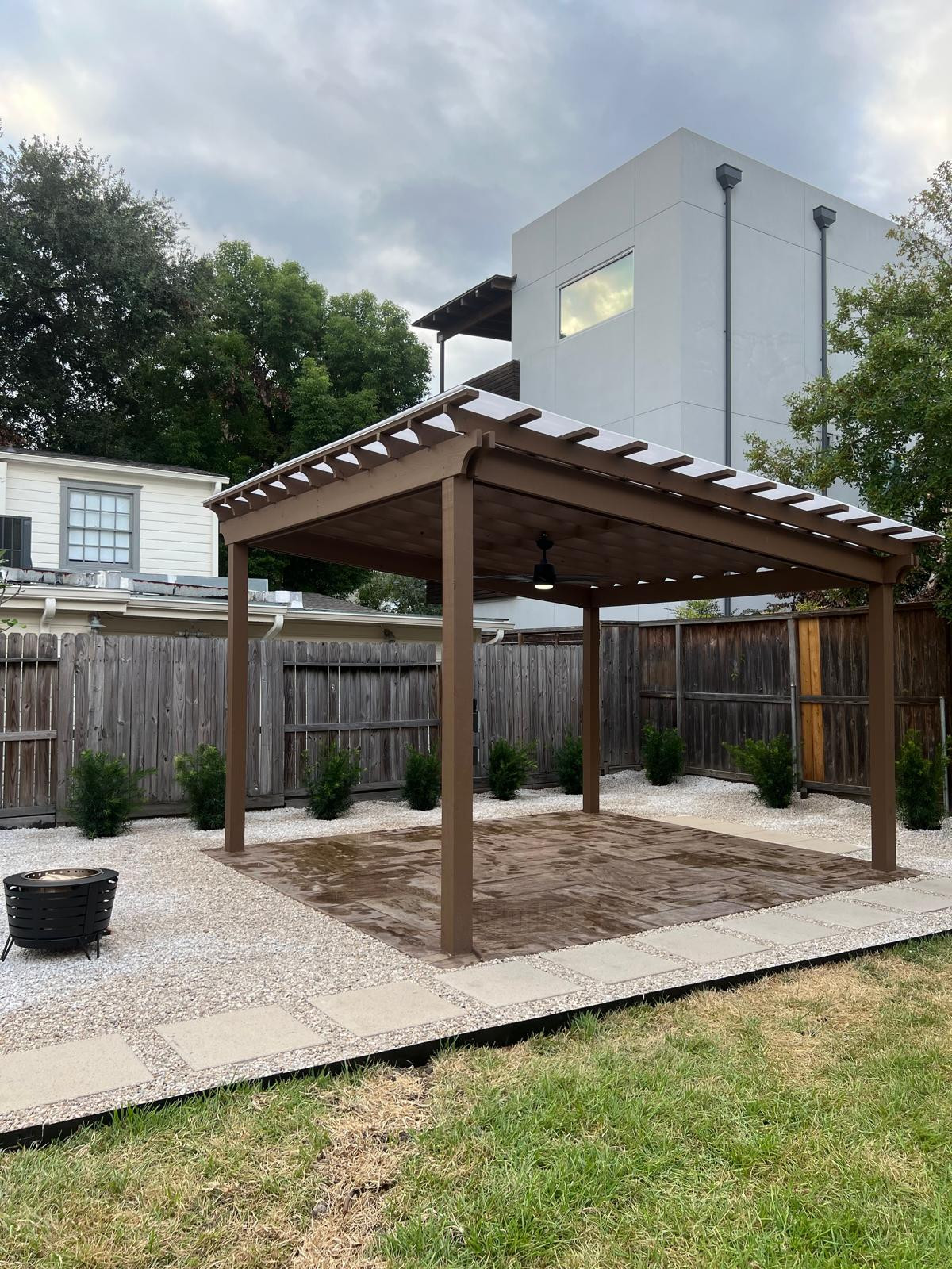 Beautiful stamped concrete patio with Pergola Cover on Haddon st!