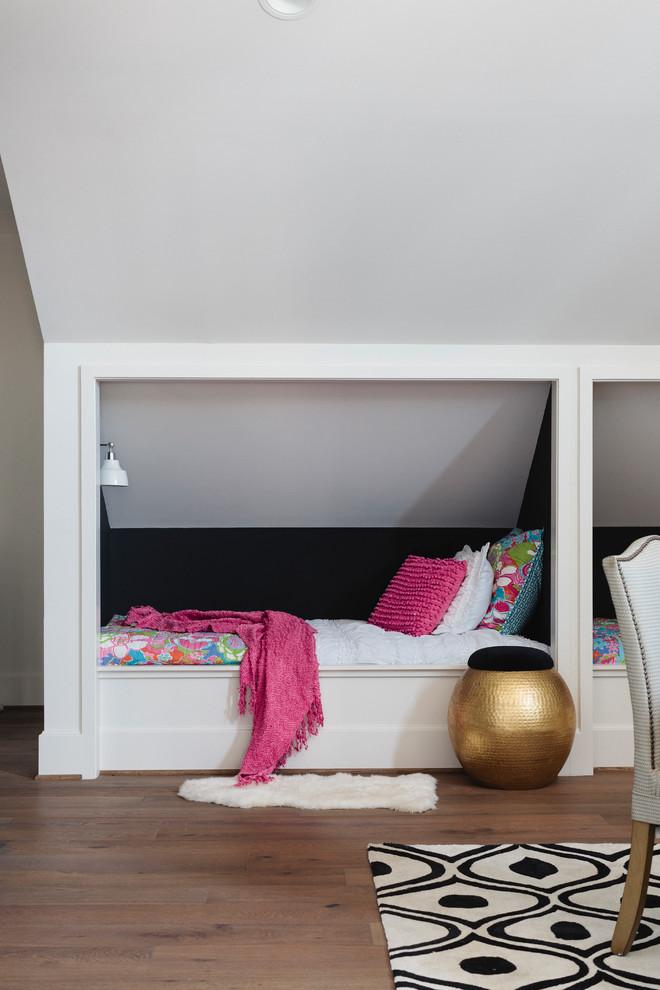 Kids' bedroom - bedroom coastal girl medium tone wood floor kids' bedroom idea in Birmingham with black walls