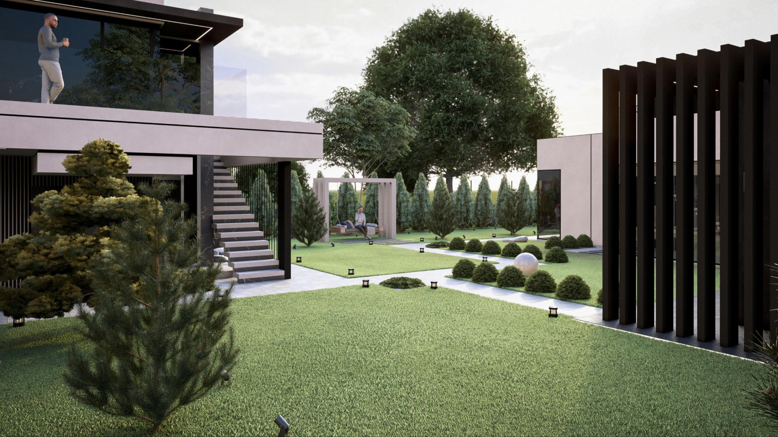 Проект фасада  и ландшафта для дома с плоской крышей